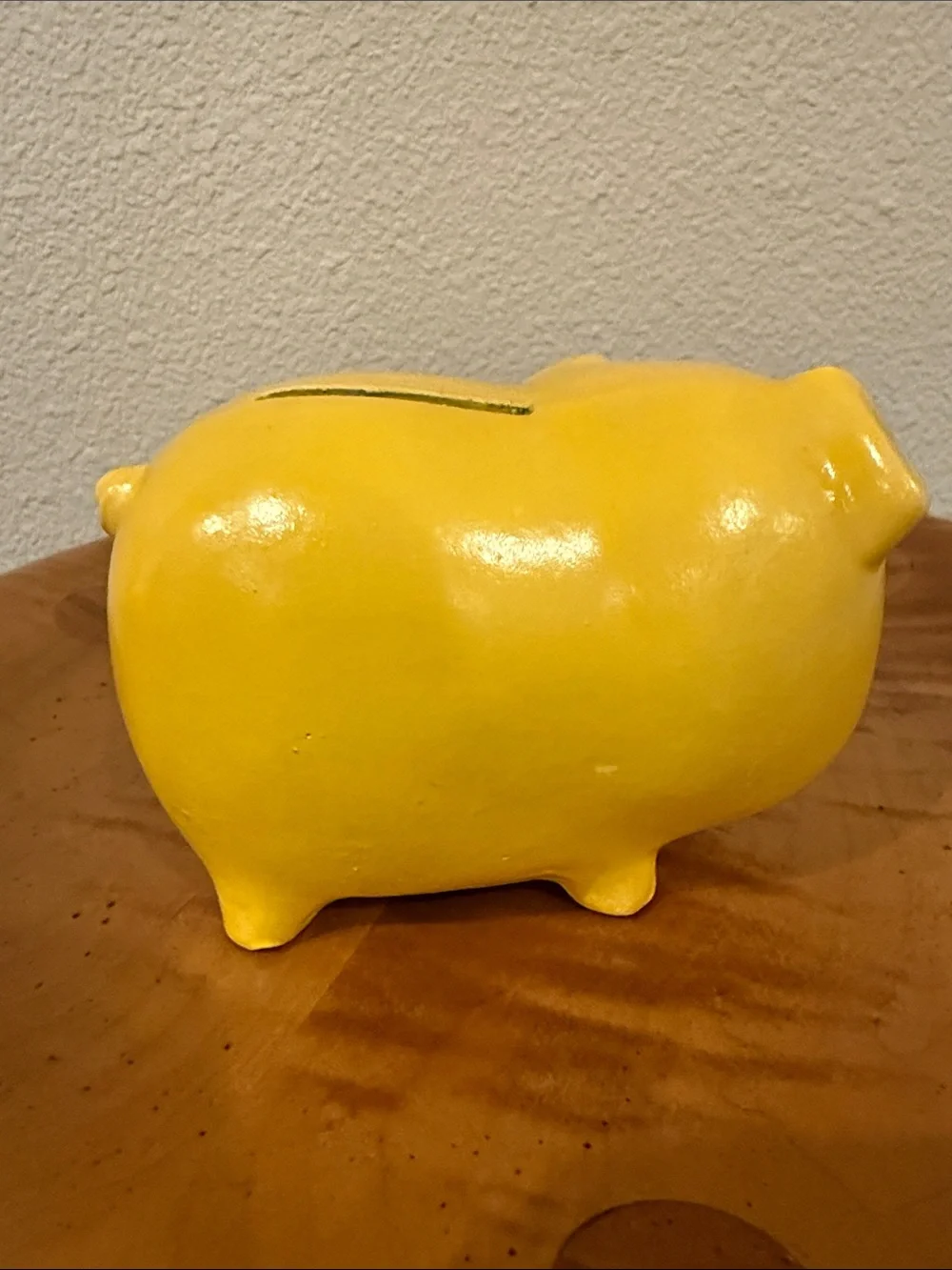 Vintage Kitschy Yellow Chalkware Piggy Bank with Red Flower